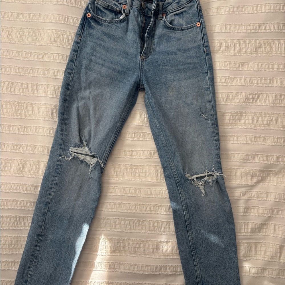 Zara Light Blue Straight Leg Ripped Jeans